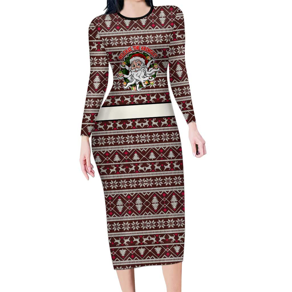 Funny Santa Claus Release The Kringle Christmas Long Sleeve Bodycon Dress Xmas Holiday Patterns - Wonder Print Shop