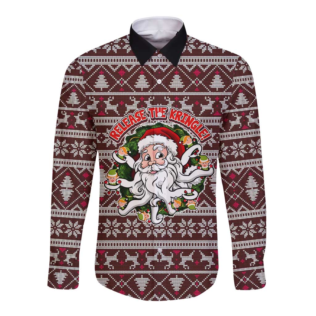 Funny Santa Claus Release The Kringle Christmas Long Sleeve Button Shirt Xmas Holiday Patterns - Wonder Print Shop