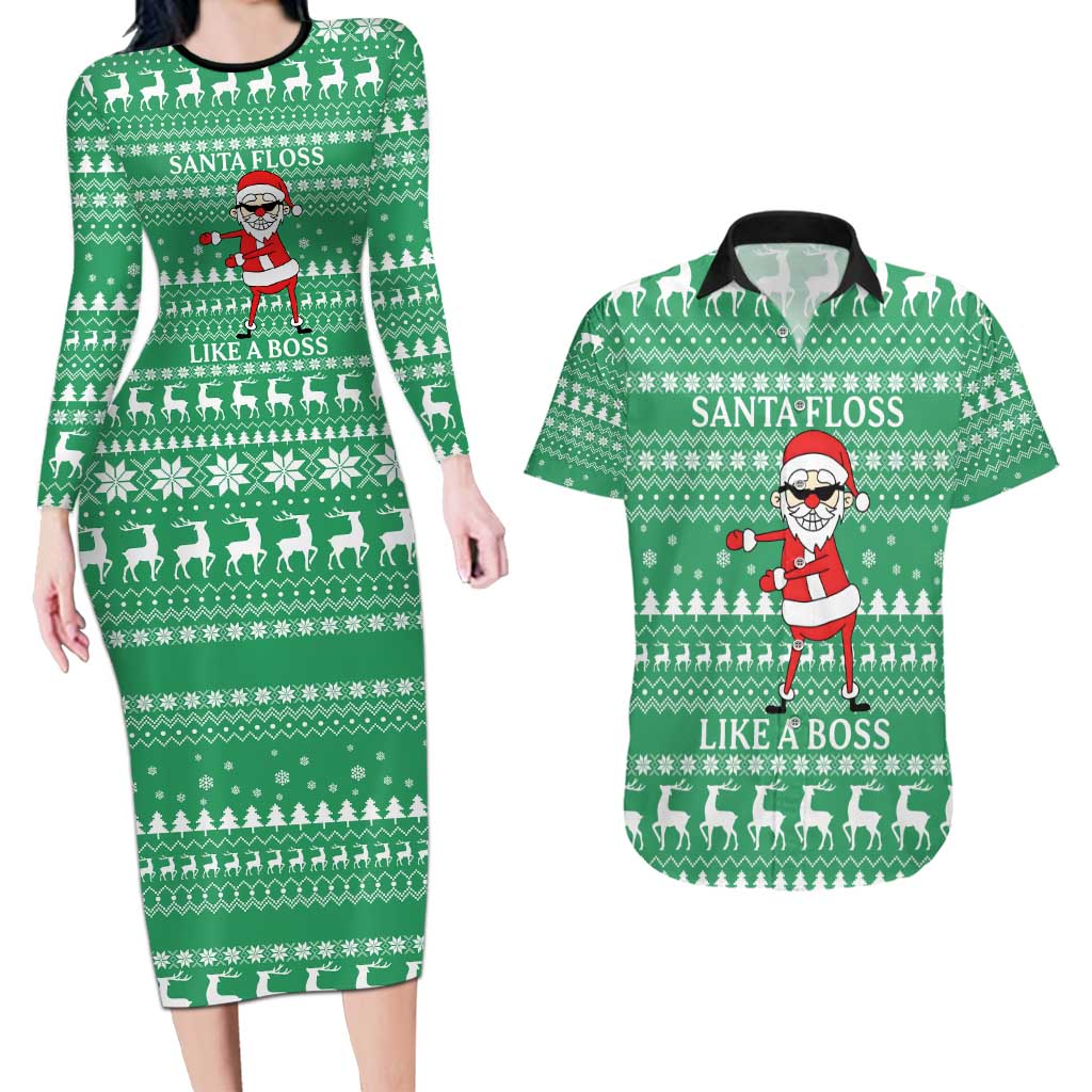 Funny Santa Claus Christmas Couples Matching Long Sleeve Bodycon Dress and Hawaiian Shirt Xmas Holiday Patterns - Wonder Print Shop