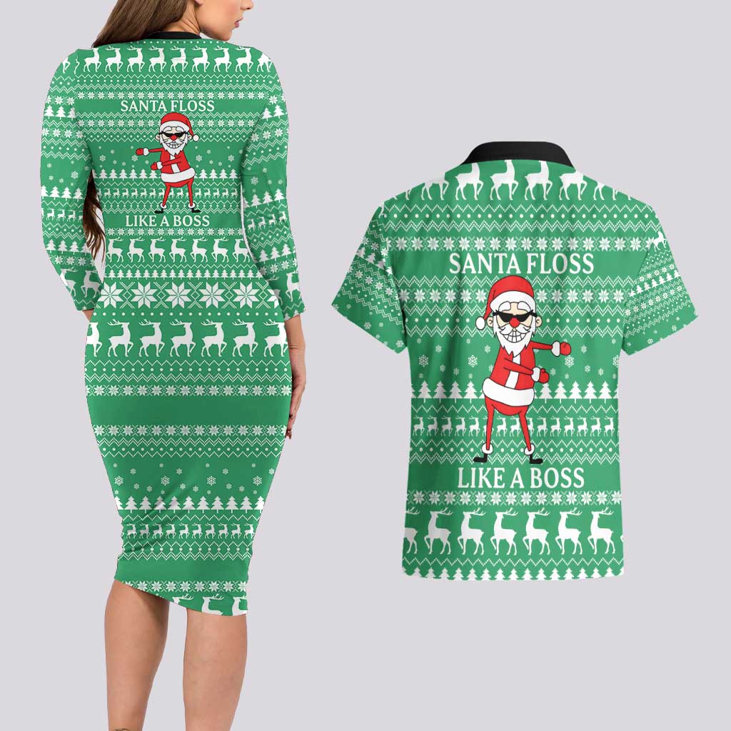 Funny Santa Claus Christmas Couples Matching Long Sleeve Bodycon Dress and Hawaiian Shirt Xmas Holiday Patterns - Wonder Print Shop