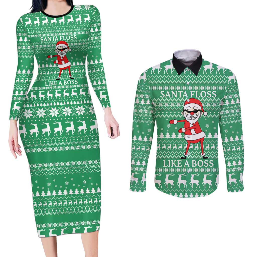 Funny Santa Claus Christmas Couples Matching Long Sleeve Bodycon Dress and Long Sleeve Button Shirt Xmas Holiday Patterns - Wonder Print Shop