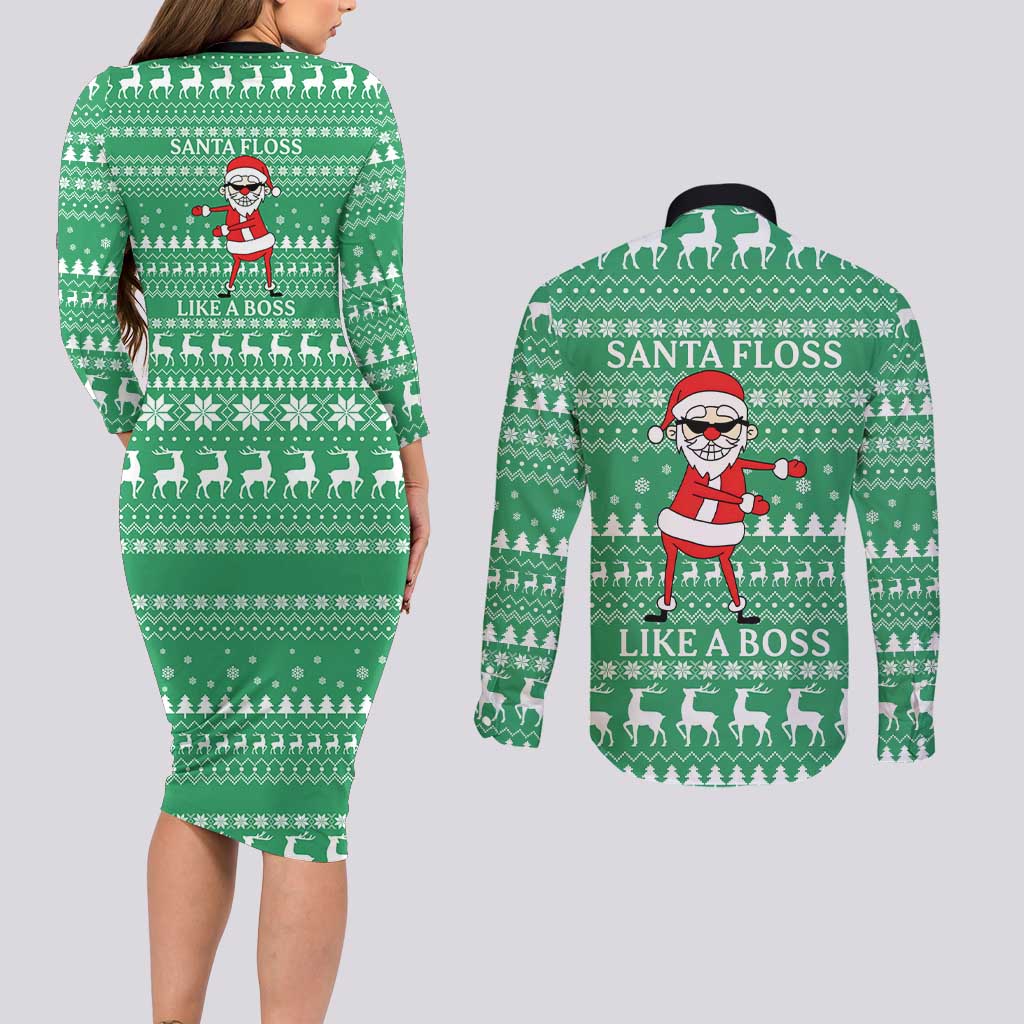 Funny Santa Claus Christmas Couples Matching Long Sleeve Bodycon Dress and Long Sleeve Button Shirt Xmas Holiday Patterns - Wonder Print Shop