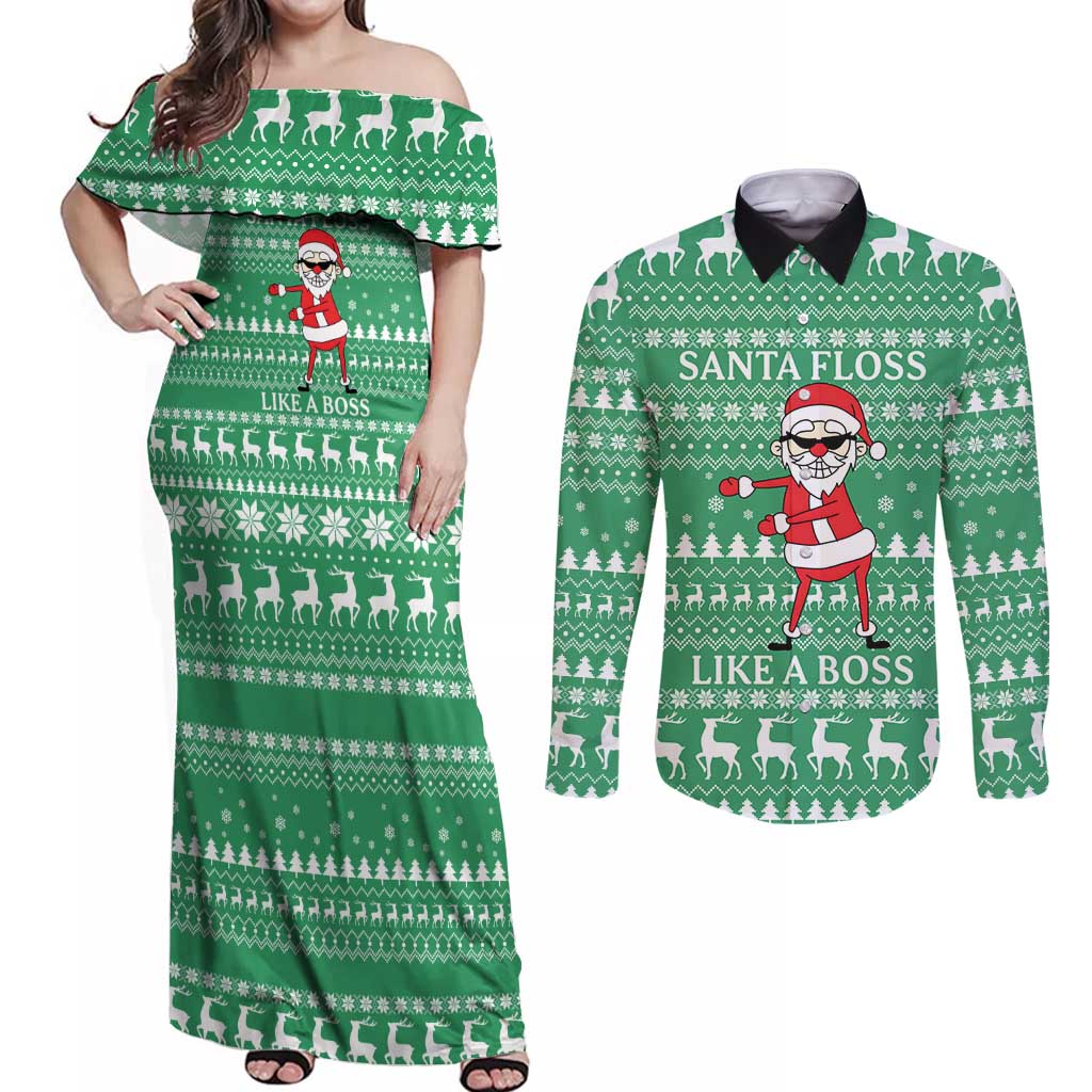 Funny Santa Claus Christmas Couples Matching Off Shoulder Maxi Dress and Long Sleeve Button Shirt Xmas Holiday Patterns - Wonder Print Shop