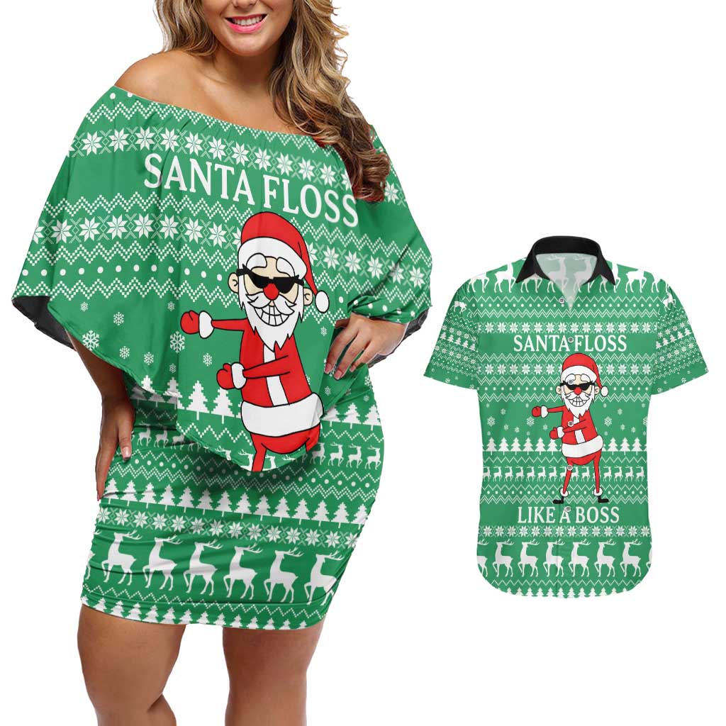 Funny Santa Claus Christmas Couples Matching Off Shoulder Short Dress and Hawaiian Shirt Xmas Holiday Patterns - Wonder Print Shop