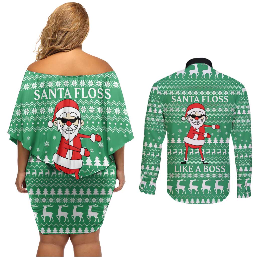 Funny Santa Claus Christmas Couples Matching Off Shoulder Short Dress and Long Sleeve Button Shirt Xmas Holiday Patterns - Wonder Print Shop