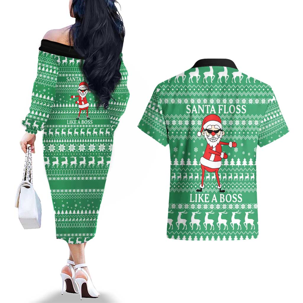 Funny Santa Claus Christmas Couples Matching Off The Shoulder Long Sleeve Dress and Hawaiian Shirt Xmas Holiday Patterns - Wonder Print Shop