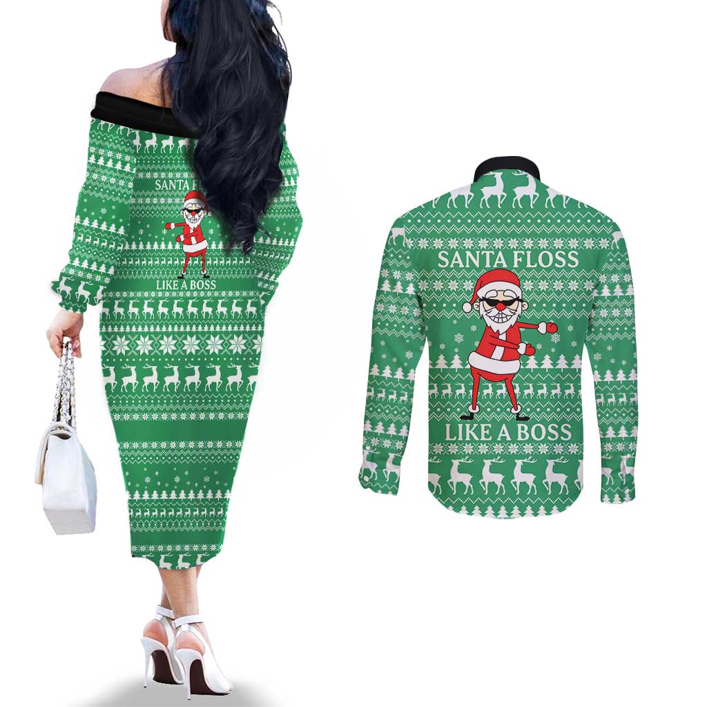 Funny Santa Claus Christmas Couples Matching Off The Shoulder Long Sleeve Dress and Long Sleeve Button Shirt Xmas Holiday Patterns - Wonder Print Shop
