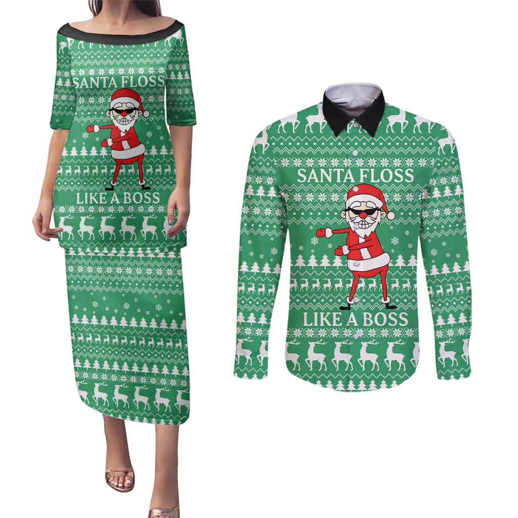 Funny Santa Claus Christmas Couples Matching Puletasi and Long Sleeve Button Shirt Xmas Holiday Patterns - Wonder Print Shop