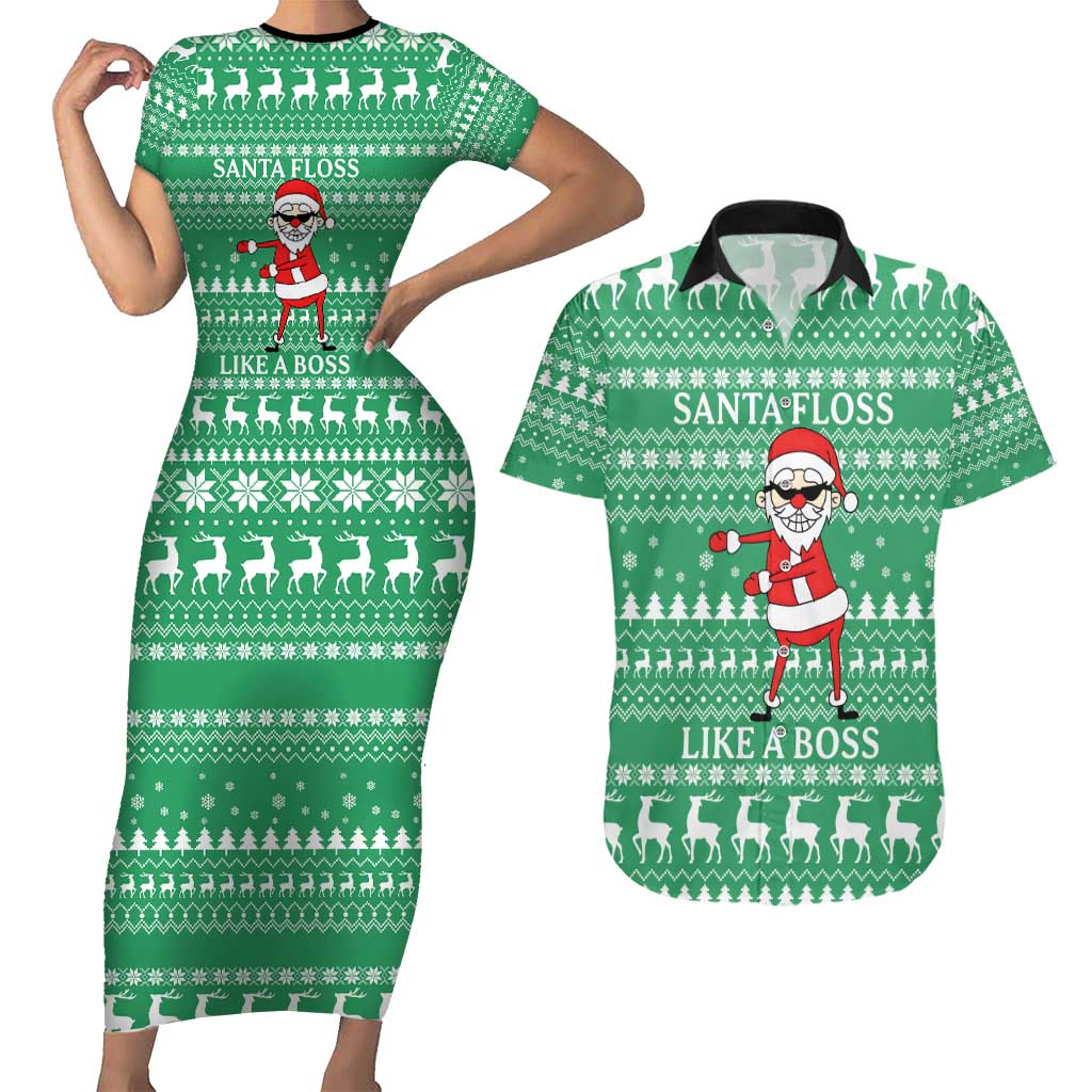Funny Santa Claus Christmas Couples Matching Short Sleeve Bodycon Dress and Hawaiian Shirt Xmas Holiday Patterns - Wonder Print Shop