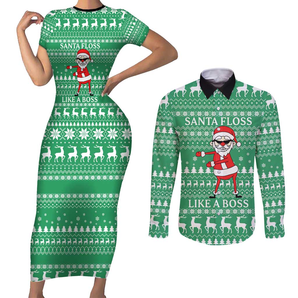 Funny Santa Claus Christmas Couples Matching Short Sleeve Bodycon Dress and Long Sleeve Button Shirt Xmas Holiday Patterns - Wonder Print Shop