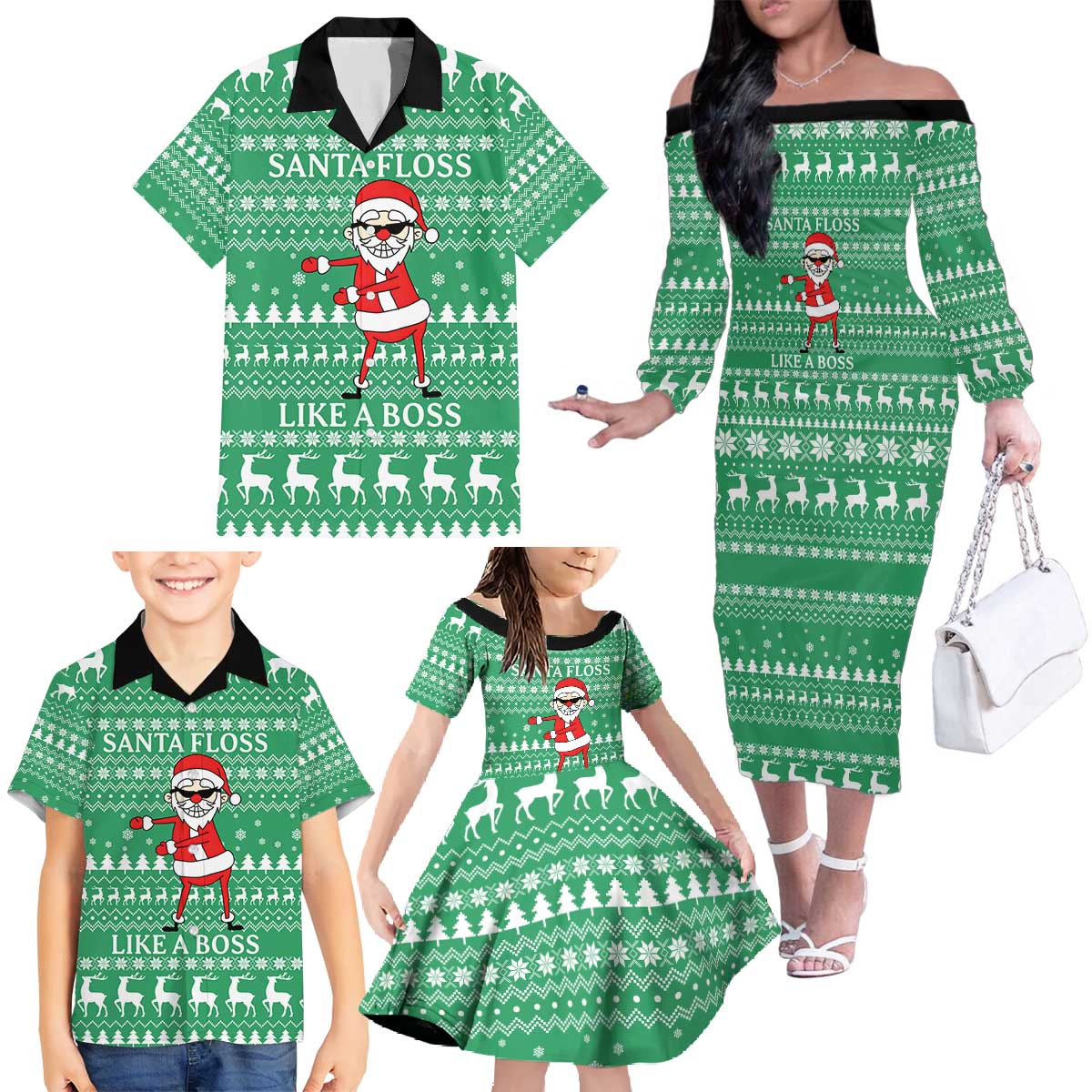 Funny Santa Claus Christmas Family Matching Off The Shoulder Long Sleeve Dress and Hawaiian Shirt Xmas Holiday Patterns - Wonder Print Shop