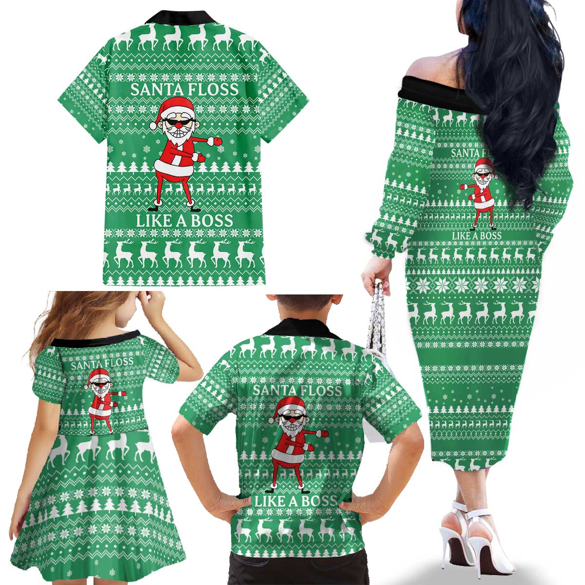 Funny Santa Claus Christmas Family Matching Off The Shoulder Long Sleeve Dress and Hawaiian Shirt Xmas Holiday Patterns - Wonder Print Shop