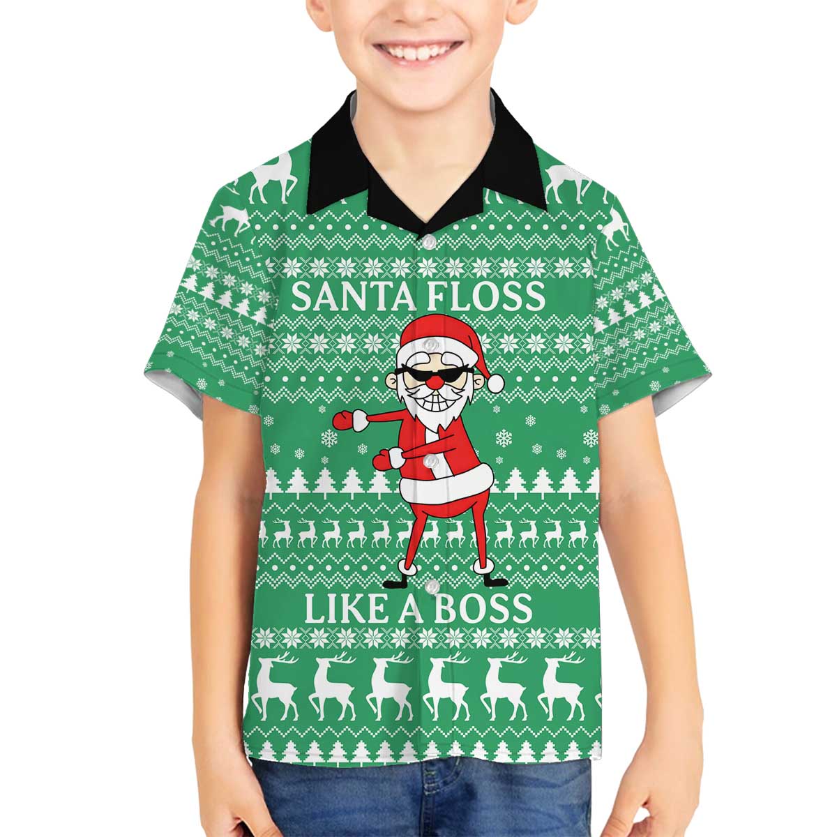 Funny Santa Claus Christmas Family Matching Off The Shoulder Long Sleeve Dress and Hawaiian Shirt Xmas Holiday Patterns - Wonder Print Shop