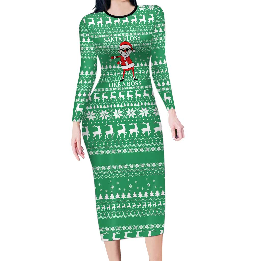Funny Santa Claus Christmas Long Sleeve Bodycon Dress Xmas Holiday Patterns - Wonder Print Shop