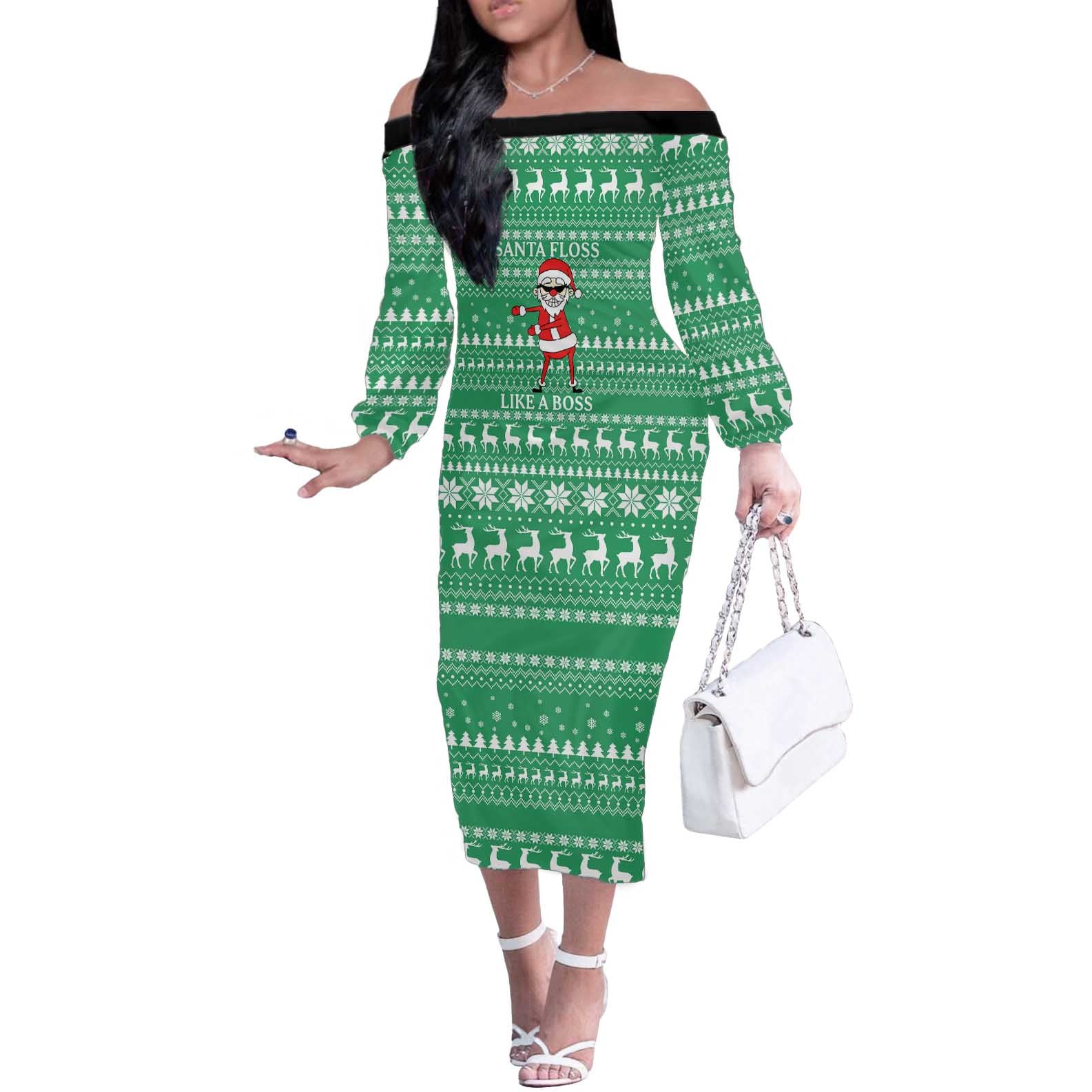 Funny Santa Claus Christmas Off The Shoulder Long Sleeve Dress Xmas Holiday Patterns - Wonder Print Shop
