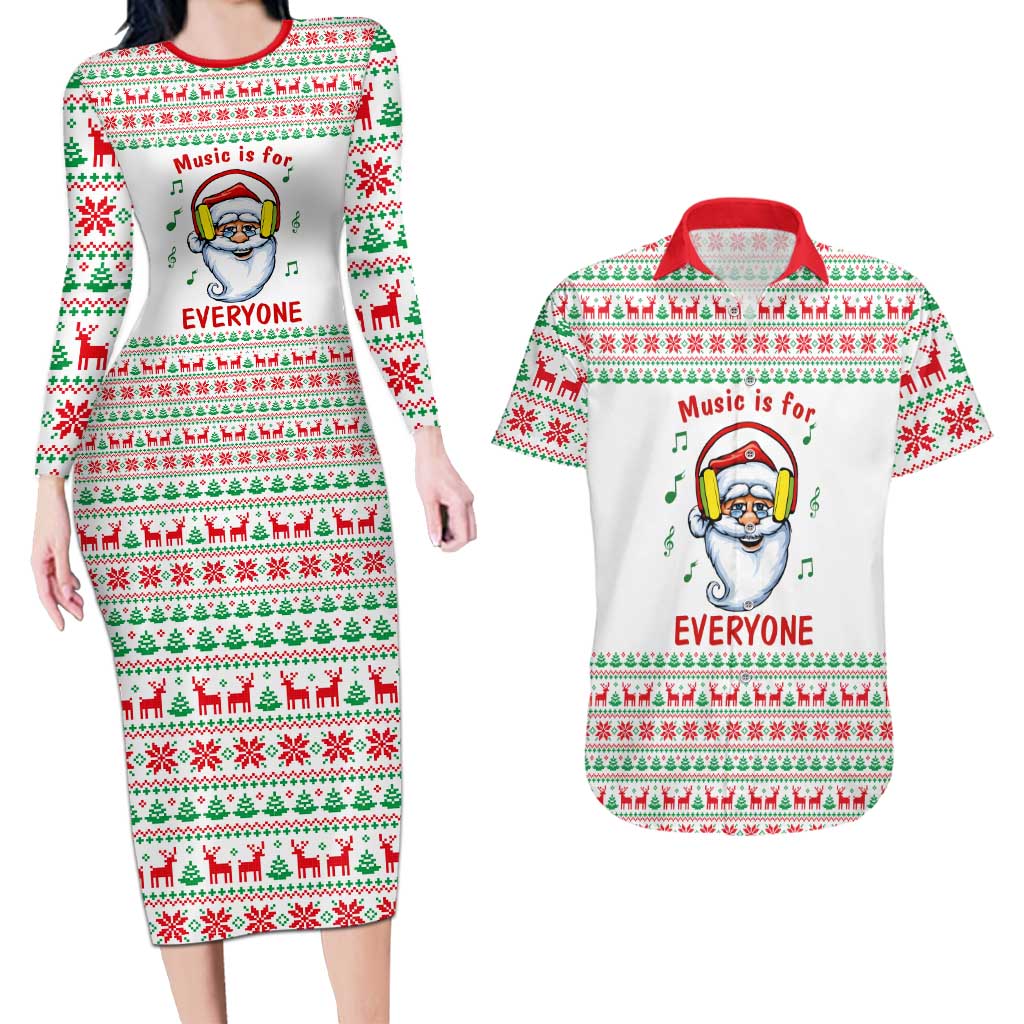Funny Santa Music Is For Everyone Christmas Couples Matching Long Sleeve Bodycon Dress and Hawaiian Shirt Xmas Holiday Patterns - Wonder Print Shop