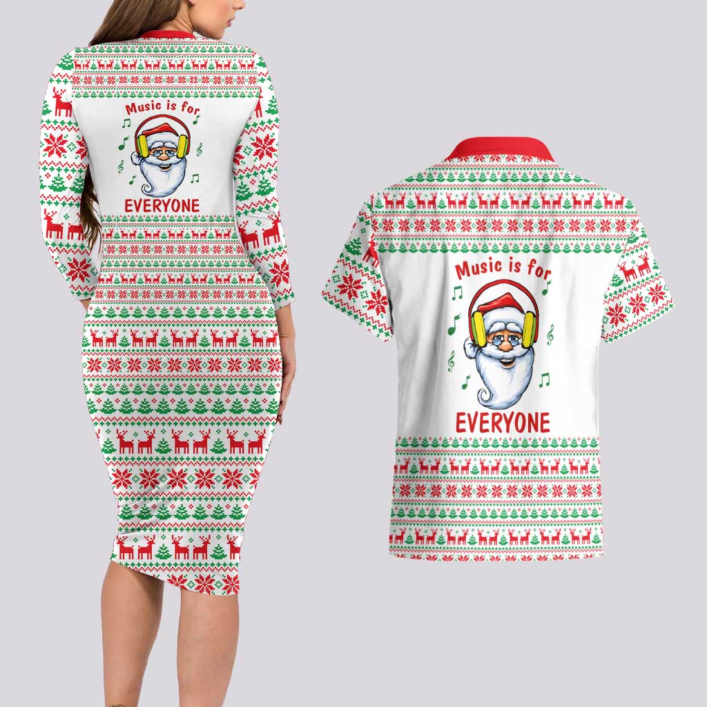 Funny Santa Music Is For Everyone Christmas Couples Matching Long Sleeve Bodycon Dress and Hawaiian Shirt Xmas Holiday Patterns - Wonder Print Shop
