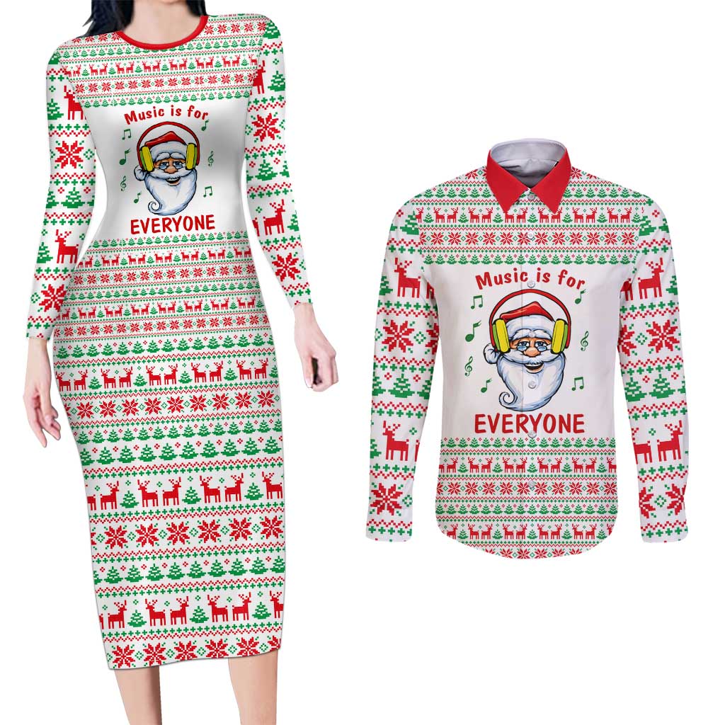 Funny Santa Music Is For Everyone Christmas Couples Matching Long Sleeve Bodycon Dress and Long Sleeve Button Shirt Xmas Holiday Patterns - Wonder Print Shop