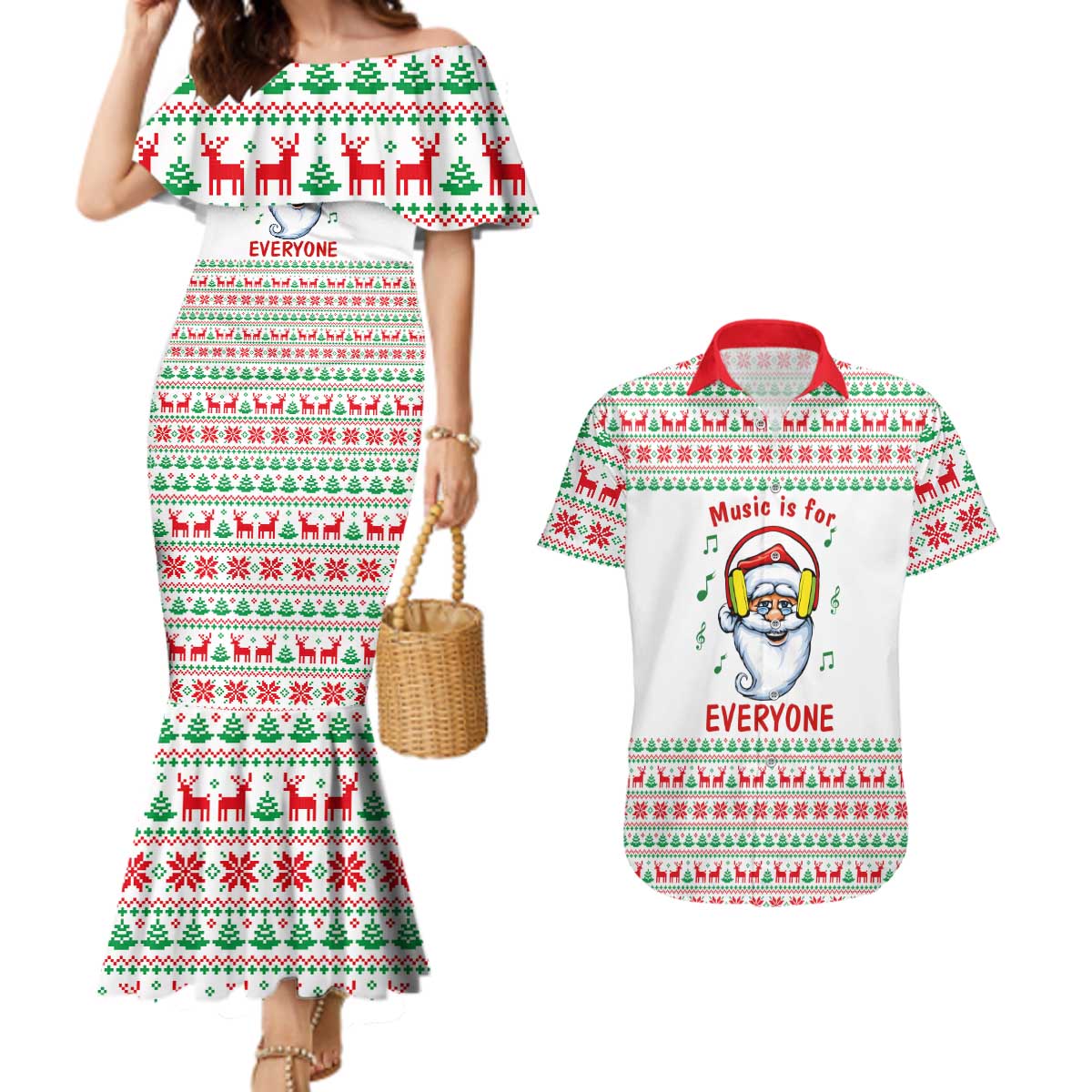 Funny Santa Music Is For Everyone Christmas Couples Matching Mermaid Dress and Hawaiian Shirt Xmas Holiday Patterns - Wonder Print Shop
