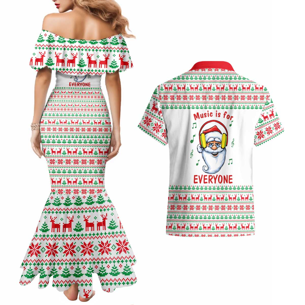 Funny Santa Music Is For Everyone Christmas Couples Matching Mermaid Dress and Hawaiian Shirt Xmas Holiday Patterns - Wonder Print Shop