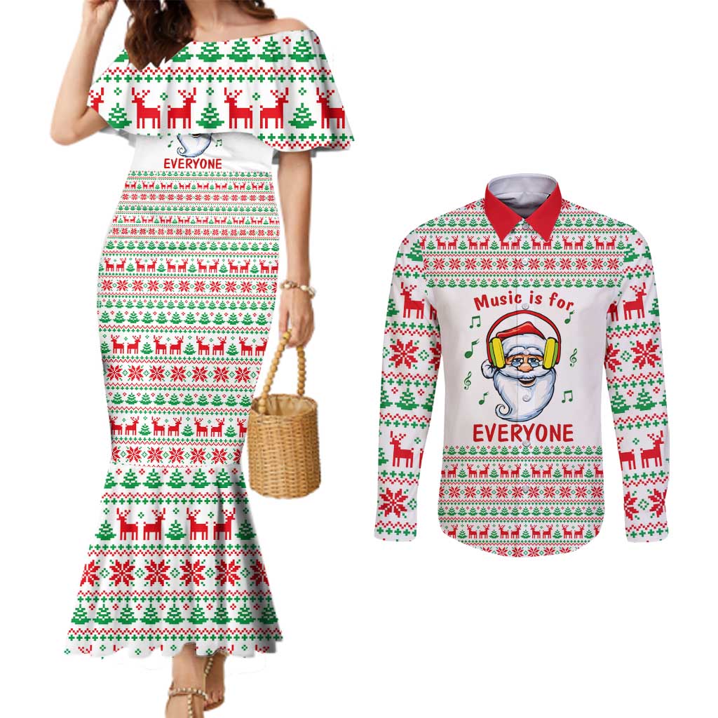 Funny Santa Music Is For Everyone Christmas Couples Matching Mermaid Dress and Long Sleeve Button Shirt Xmas Holiday Patterns - Wonder Print Shop