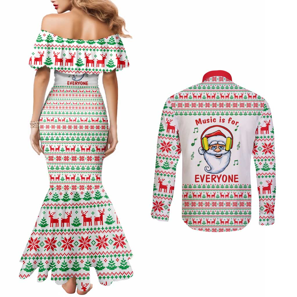 Funny Santa Music Is For Everyone Christmas Couples Matching Mermaid Dress and Long Sleeve Button Shirt Xmas Holiday Patterns - Wonder Print Shop