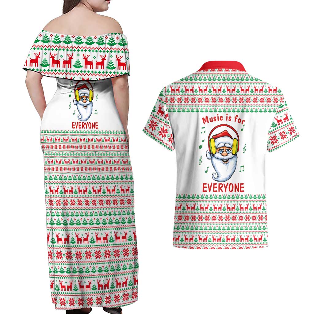 Funny Santa Music Is For Everyone Christmas Couples Matching Off Shoulder Maxi Dress and Hawaiian Shirt Xmas Holiday Patterns - Wonder Print Shop