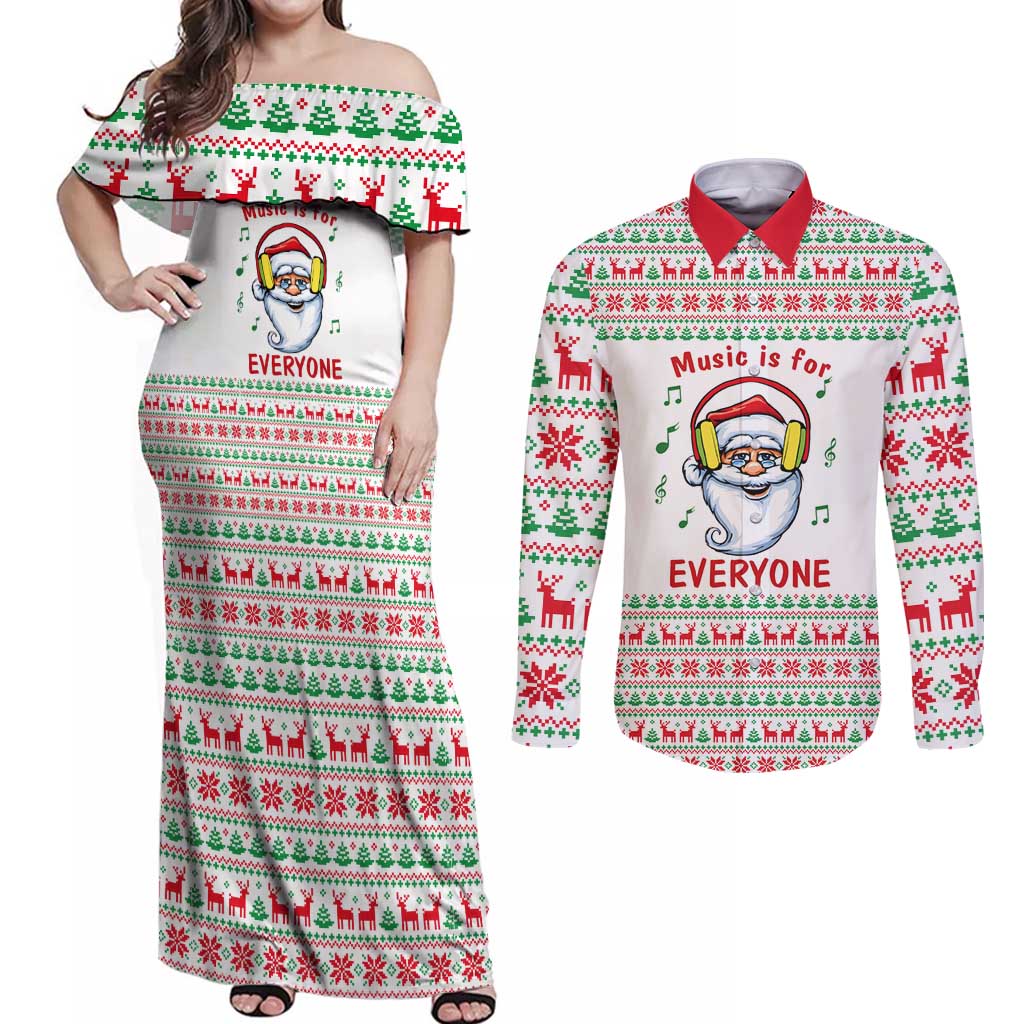 Funny Santa Music Is For Everyone Christmas Couples Matching Off Shoulder Maxi Dress and Long Sleeve Button Shirt Xmas Holiday Patterns - Wonder Print Shop
