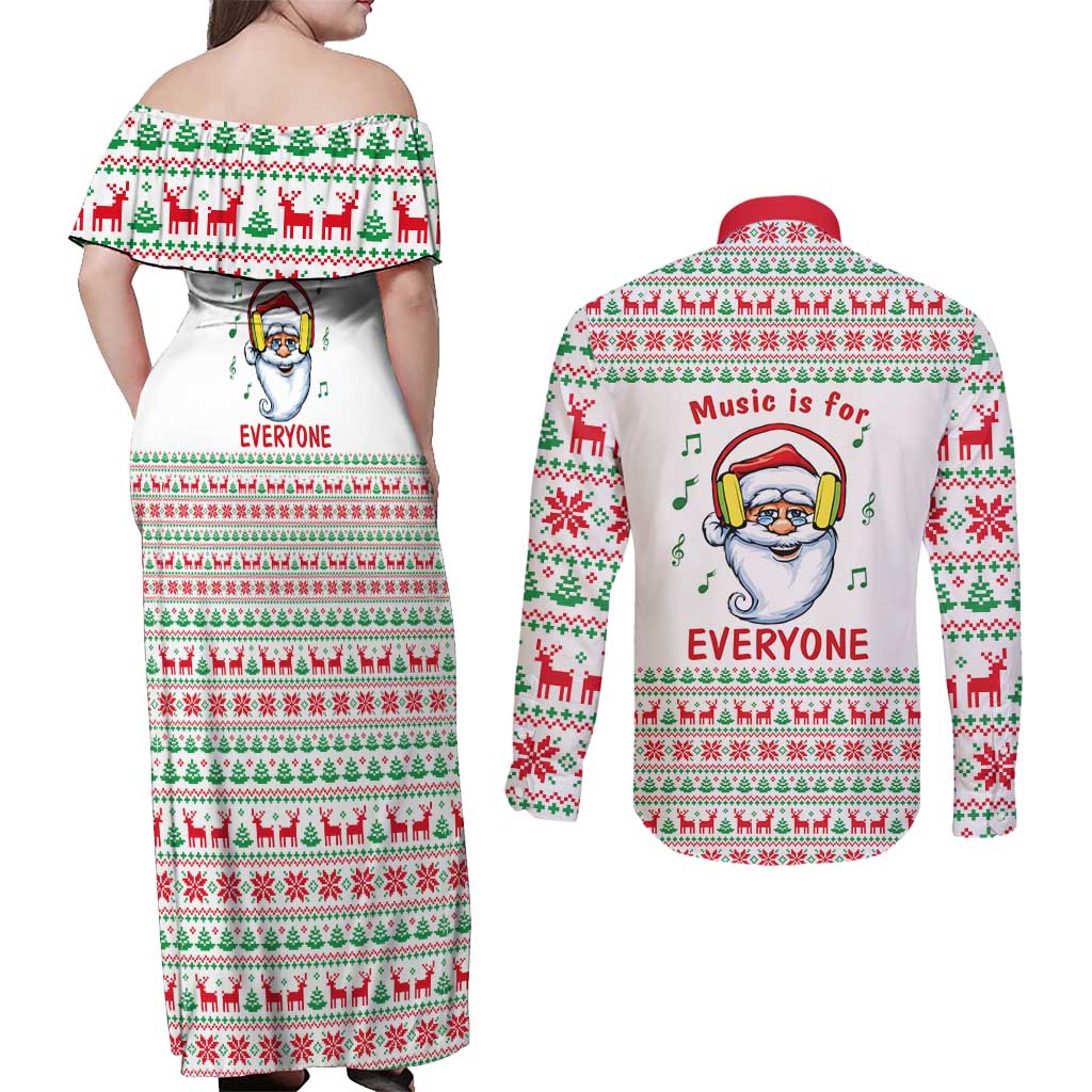 Funny Santa Music Is For Everyone Christmas Couples Matching Off Shoulder Maxi Dress and Long Sleeve Button Shirt Xmas Holiday Patterns - Wonder Print Shop