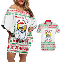 Funny Santa Music Is For Everyone Christmas Couples Matching Off Shoulder Short Dress and Hawaiian Shirt Xmas Holiday Patterns - Wonder Print Shop