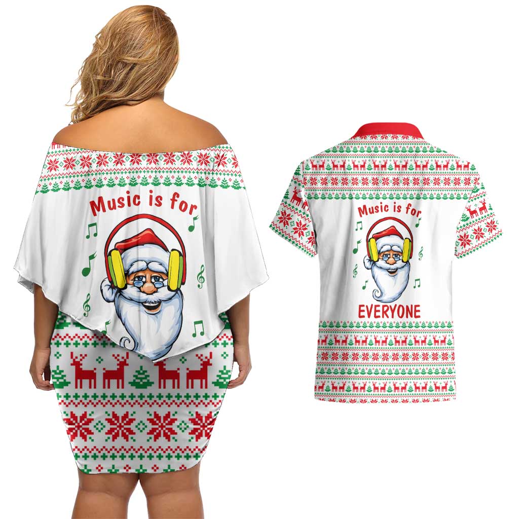 Funny Santa Music Is For Everyone Christmas Couples Matching Off Shoulder Short Dress and Hawaiian Shirt Xmas Holiday Patterns - Wonder Print Shop