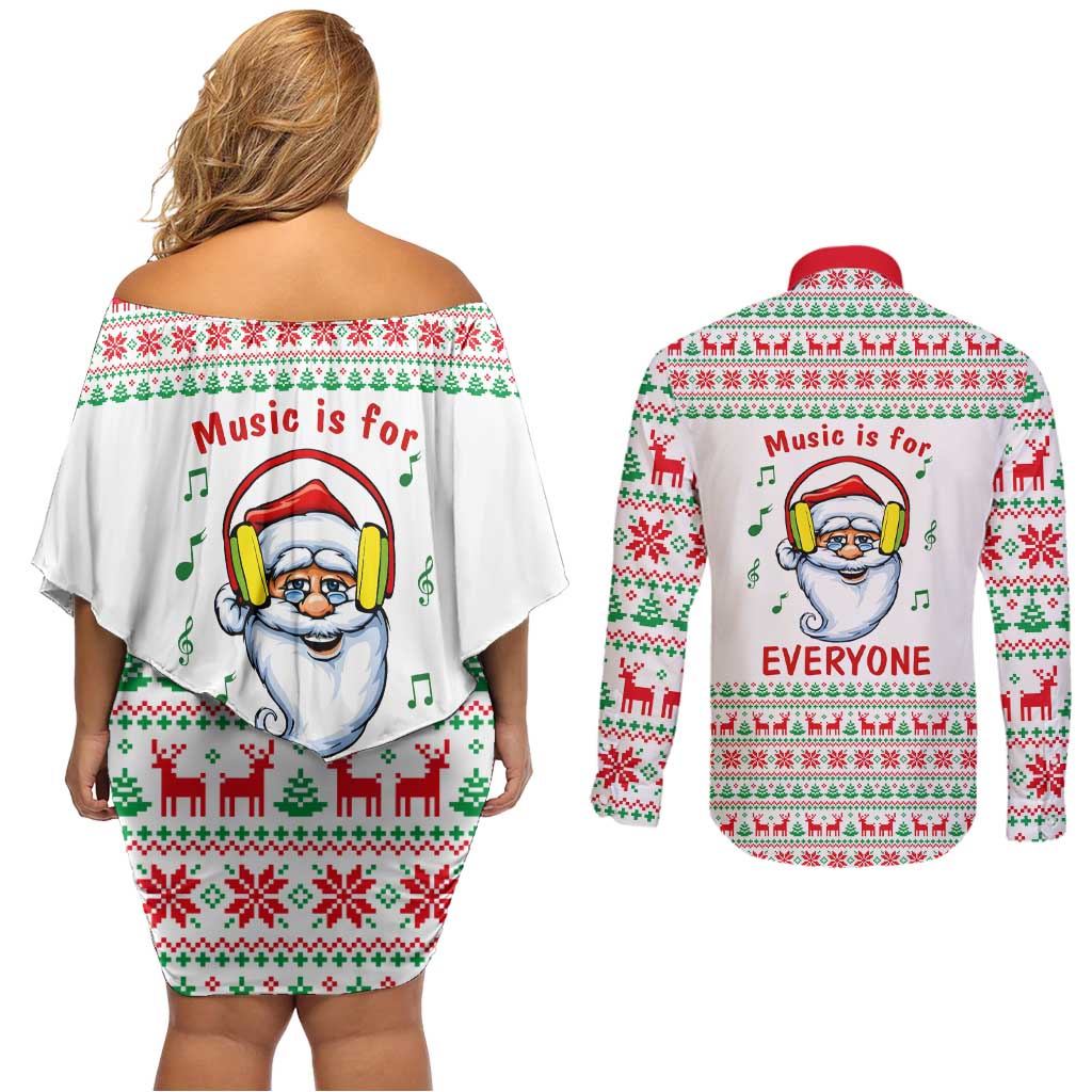 Funny Santa Music Is For Everyone Christmas Couples Matching Off Shoulder Short Dress and Long Sleeve Button Shirt Xmas Holiday Patterns - Wonder Print Shop