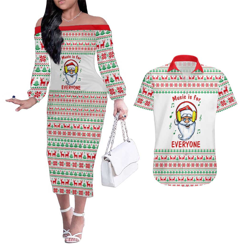 Funny Santa Music Is For Everyone Christmas Couples Matching Off The Shoulder Long Sleeve Dress and Hawaiian Shirt Xmas Holiday Patterns - Wonder Print Shop