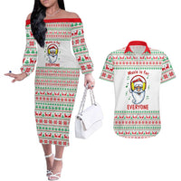 Funny Santa Music Is For Everyone Christmas Couples Matching Off The Shoulder Long Sleeve Dress and Hawaiian Shirt Xmas Holiday Patterns - Wonder Print Shop