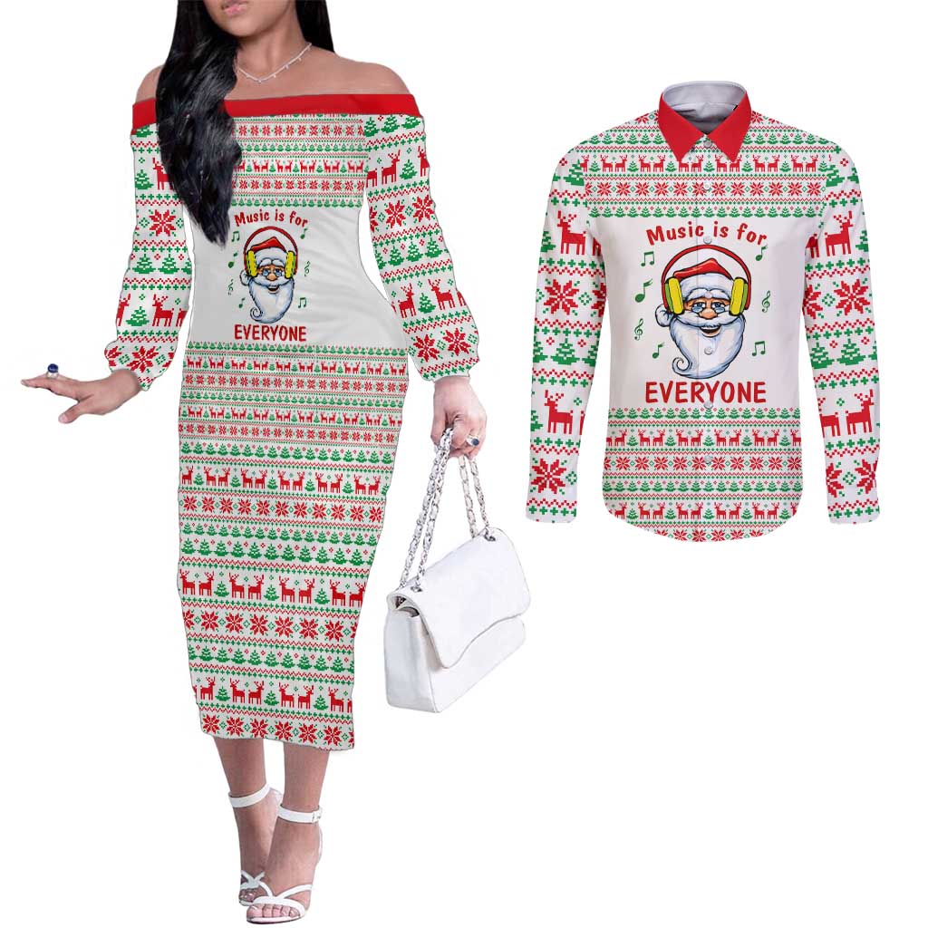 Funny Santa Music Is For Everyone Christmas Couples Matching Off The Shoulder Long Sleeve Dress and Long Sleeve Button Shirt Xmas Holiday Patterns - Wonder Print Shop