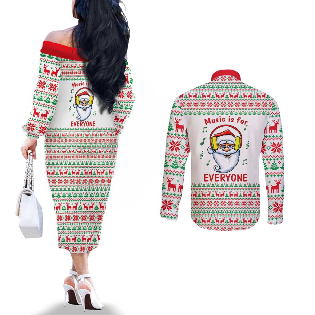 Funny Santa Music Is For Everyone Christmas Couples Matching Off The Shoulder Long Sleeve Dress and Long Sleeve Button Shirt Xmas Holiday Patterns - Wonder Print Shop