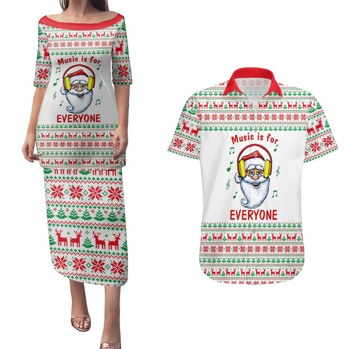 Funny Santa Music Is For Everyone Christmas Couples Matching Puletasi and Hawaiian Shirt Xmas Holiday Patterns - Wonder Print Shop