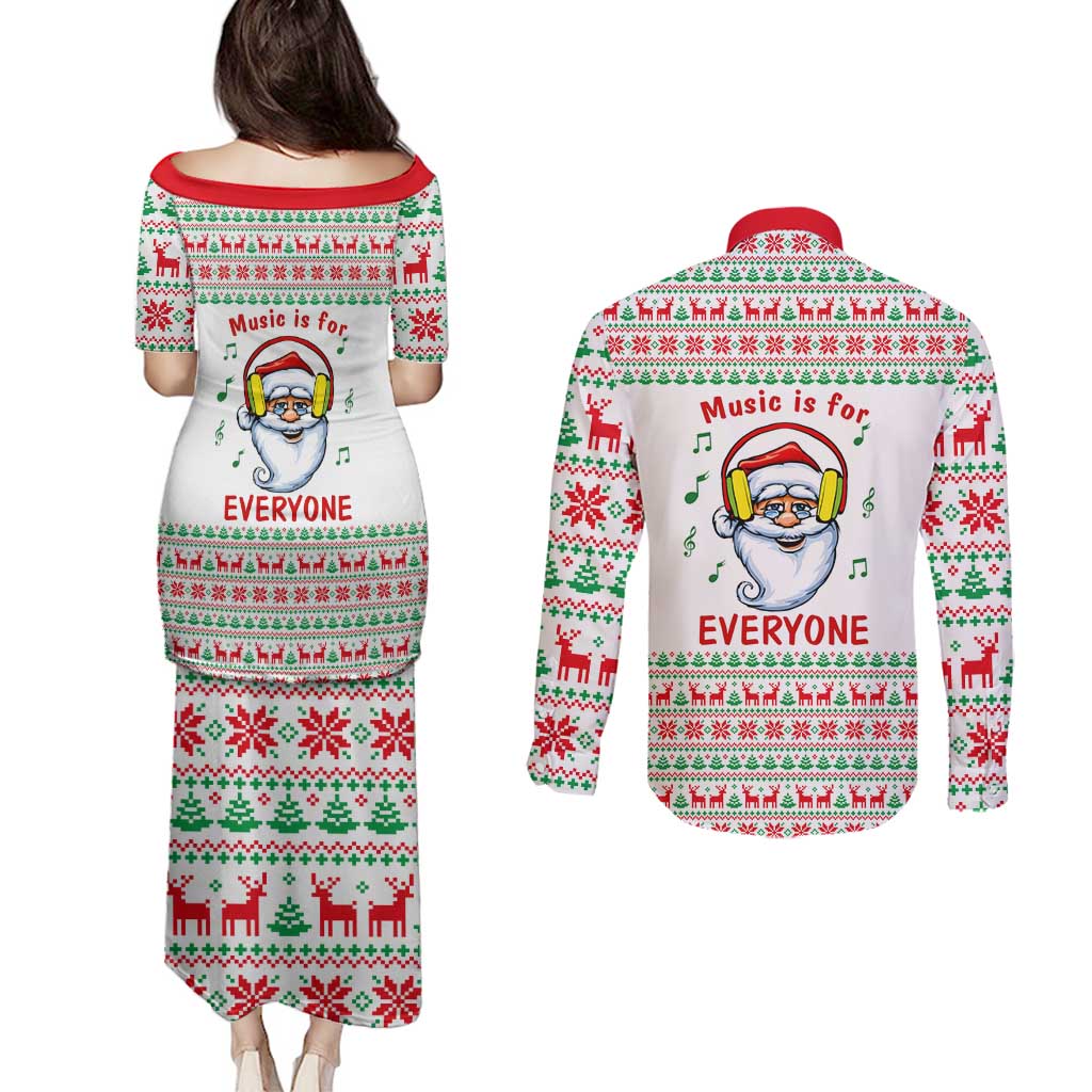 Funny Santa Music Is For Everyone Christmas Couples Matching Puletasi and Long Sleeve Button Shirt Xmas Holiday Patterns - Wonder Print Shop