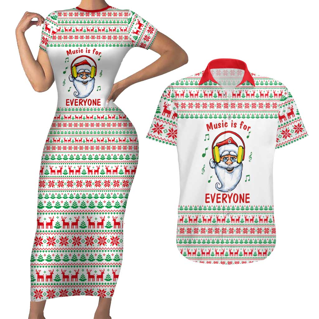 Funny Santa Music Is For Everyone Christmas Couples Matching Short Sleeve Bodycon Dress and Hawaiian Shirt Xmas Holiday Patterns - Wonder Print Shop