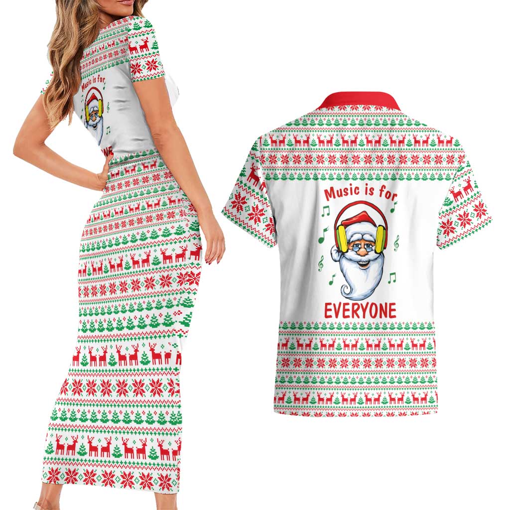 Funny Santa Music Is For Everyone Christmas Couples Matching Short Sleeve Bodycon Dress and Hawaiian Shirt Xmas Holiday Patterns - Wonder Print Shop