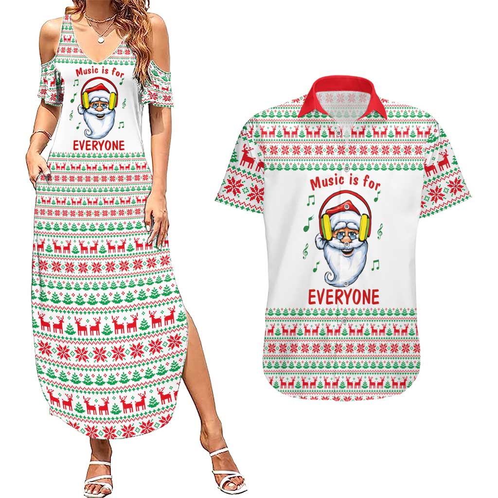 Funny Santa Music Is For Everyone Christmas Couples Matching Summer Maxi Dress and Hawaiian Shirt Xmas Holiday Patterns - Wonder Print Shop