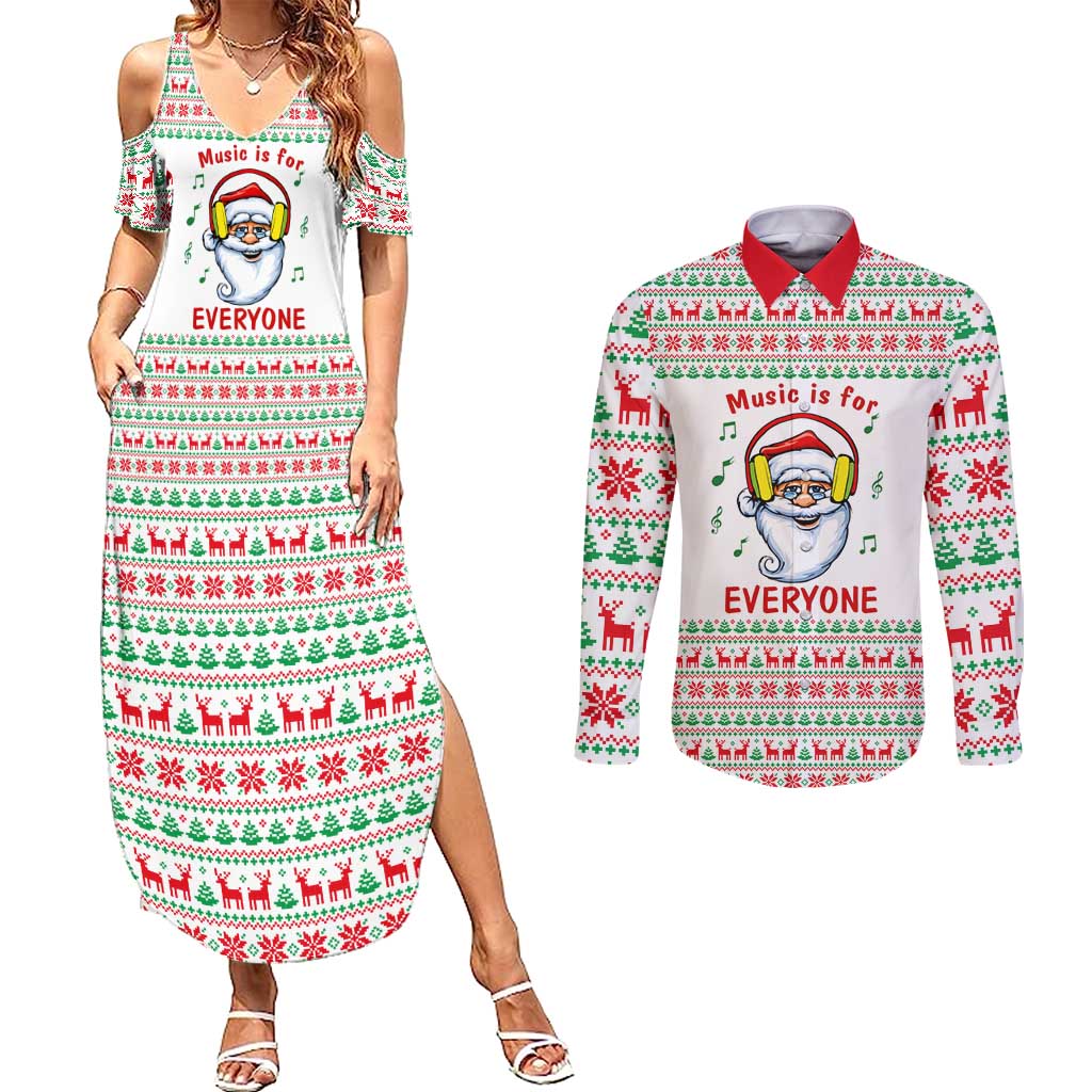 Funny Santa Music Is For Everyone Christmas Couples Matching Summer Maxi Dress and Long Sleeve Button Shirt Xmas Holiday Patterns - Wonder Print Shop