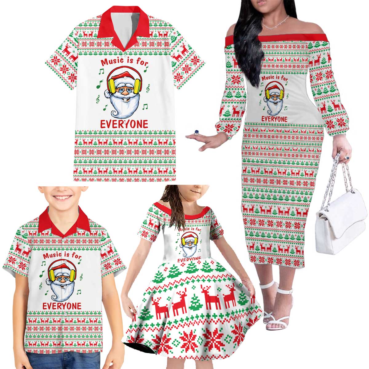 Funny Santa Music Is For Everyone Christmas Family Matching Off The Shoulder Long Sleeve Dress and Hawaiian Shirt Xmas Holiday Patterns - Wonder Print Shop
