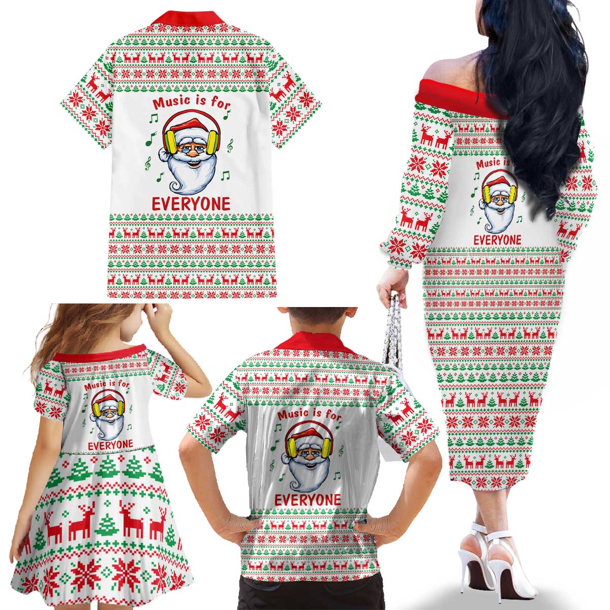 Funny Santa Music Is For Everyone Christmas Family Matching Off The Shoulder Long Sleeve Dress and Hawaiian Shirt Xmas Holiday Patterns - Wonder Print Shop