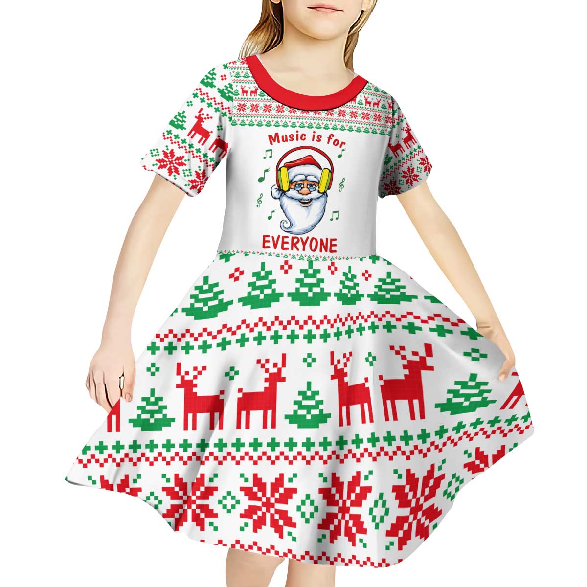 Funny Santa Music Is For Everyone Christmas Kid Short Sleeve Dress Xmas Holiday Patterns - Wonder Print Shop