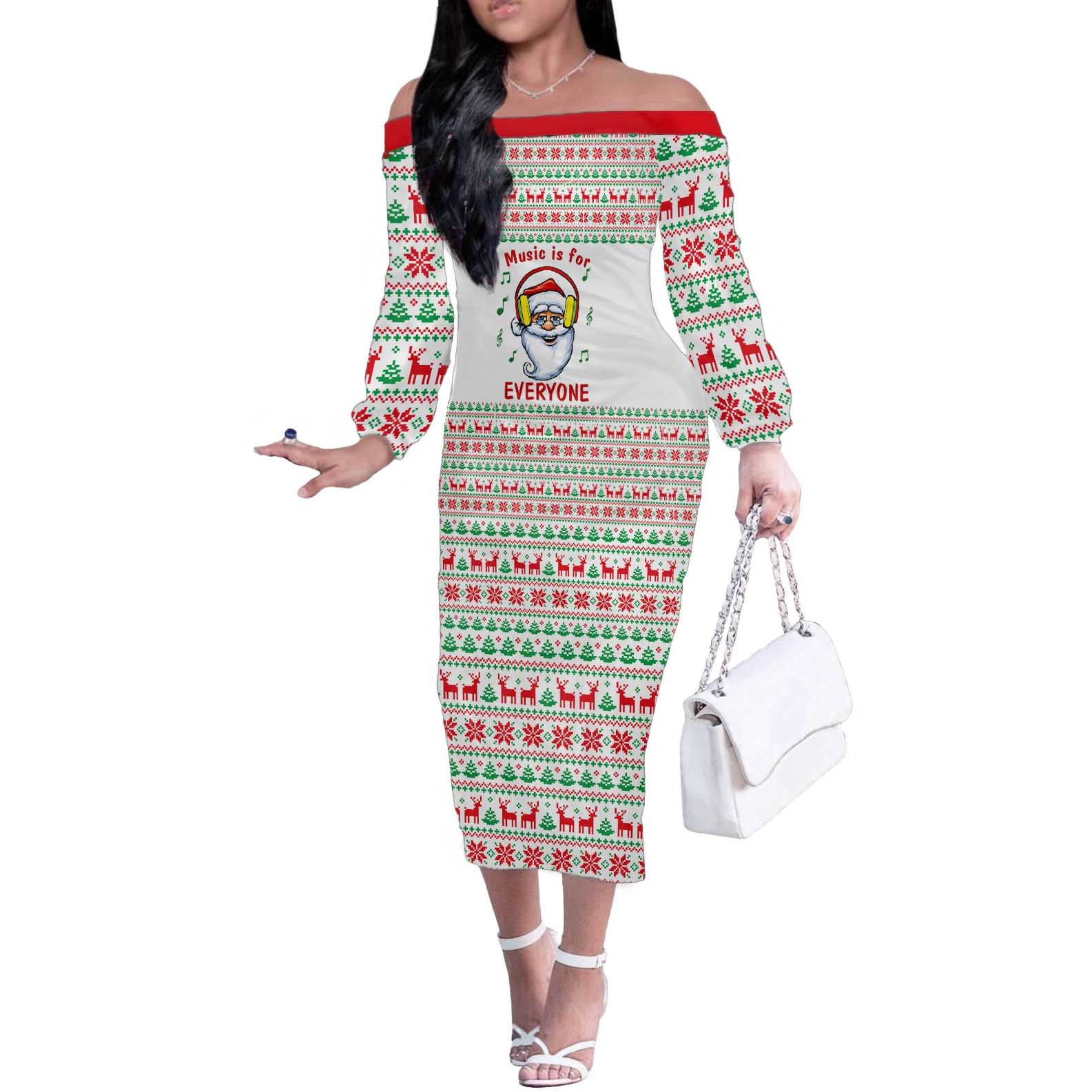 Funny Santa Music Is For Everyone Christmas Off The Shoulder Long Sleeve Dress Xmas Holiday Patterns - Wonder Print Shop