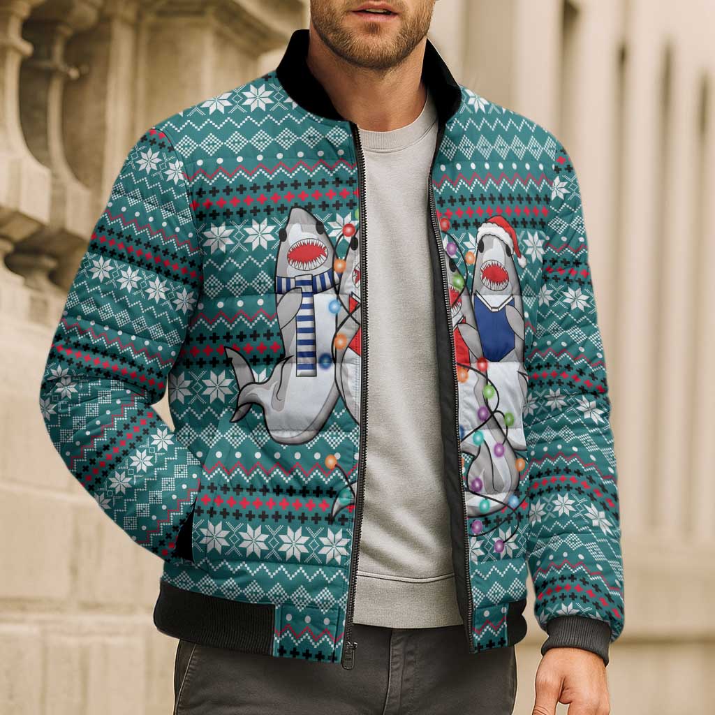 Funny Shark Christmas Bomber Puffer Jacket Xmas Holiday Patterns - Wonder Print Shop