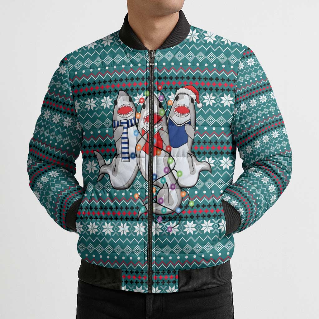 Funny Shark Christmas Bomber Puffer Jacket Xmas Holiday Patterns - Wonder Print Shop