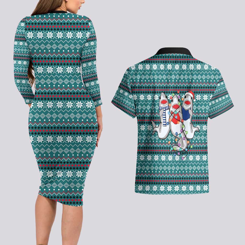Funny Shark Christmas Couples Matching Long Sleeve Bodycon Dress and Hawaiian Shirt Xmas Holiday Patterns - Wonder Print Shop