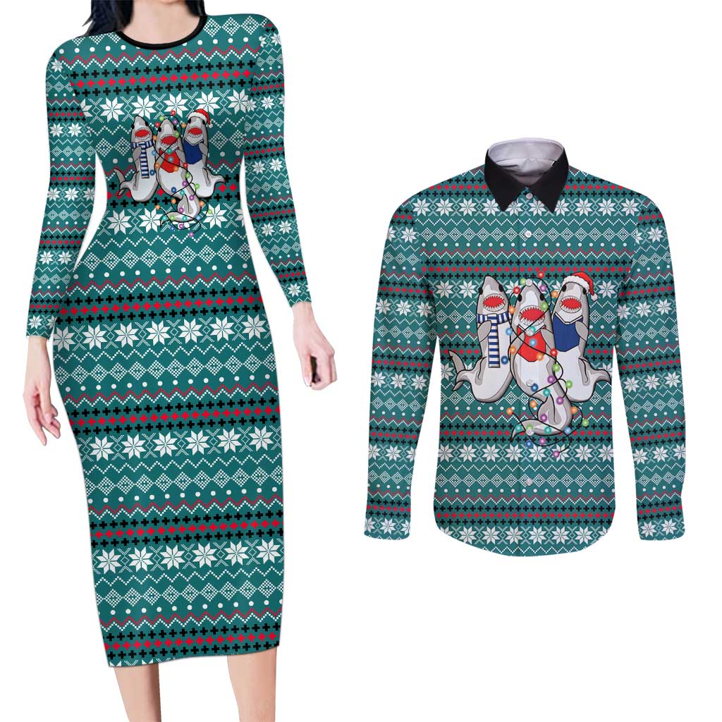 Funny Shark Christmas Couples Matching Long Sleeve Bodycon Dress and Long Sleeve Button Shirt Xmas Holiday Patterns - Wonder Print Shop